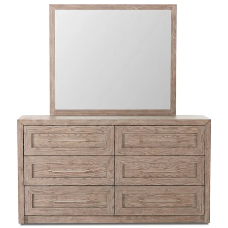 Transitional Six Drawer Dresser and Mirror Set with Built-in Power Outlet